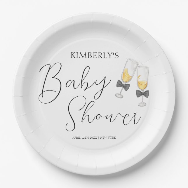 Plato De Papel Elegante Bow Champagne Sip y Ver Baby Shower (Anverso)