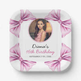 Plato De Papel Elegante Bow Rosa Coquette Foto Dulce 16 Cumpleaño