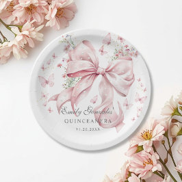 Plato De Papel Elegante Bow Rosa y Perlas Coquette Quinceañera