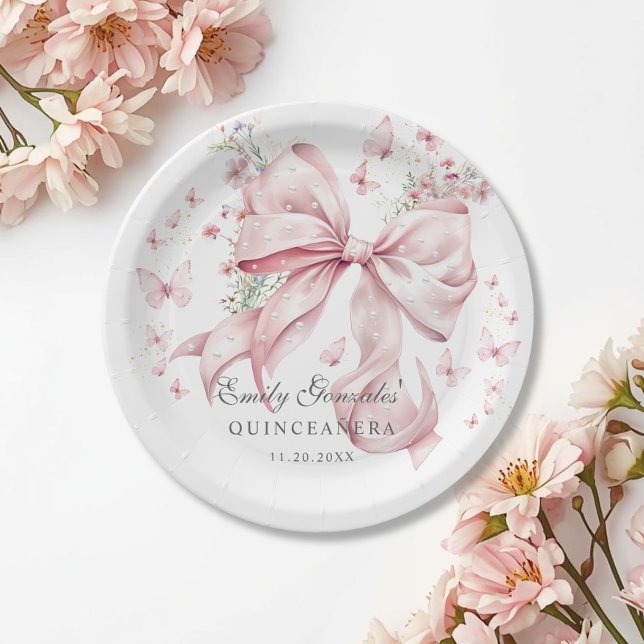 Plato De Papel Elegante Bow Rosa y Perlas Coquette Quinceañera (Pink bow Pearls Coquette Quinceañera party Paper plate)
