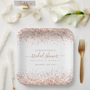 Plato De Papel Elegante Bridal Shower con Nombre Fecha y Brillo e