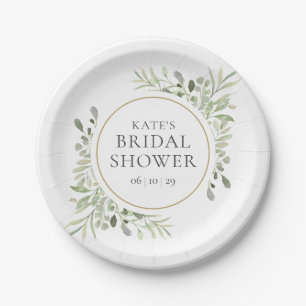 Plato De Papel Elegante Bridal Shower de Acuarela Dorada y Verdor