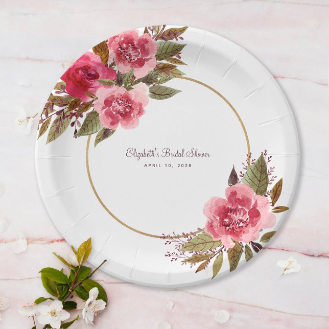 Plato De Papel Elegante Bridal Shower Floral acuarela Fancy Pink (Elegant Bridal Shower Floral Watercolor Fancy Pink Paper Plates)