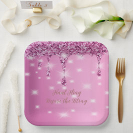 Plato De Papel Elegante Brillo Rosa Caliente Goteo Despedida de S