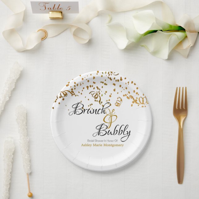 Plato De Papel Elegante Brunch Bubbly Bridal Shower Gold Confetti (Boda)
