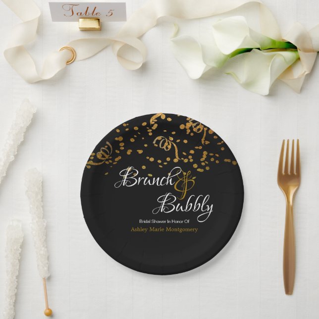 Plato De Papel Elegante Brunch Bubbly Bridal Shower Gold Confetti (Boda)
