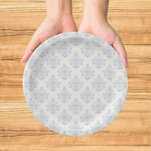 Plato De Papel Elegante Brunch de Regencia de la Era Azul Damasko