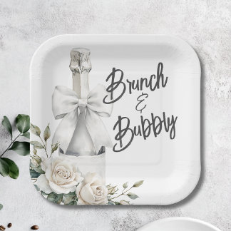 Plato De Papel Elegante brunch floral blanco y Pegatinas burbujea