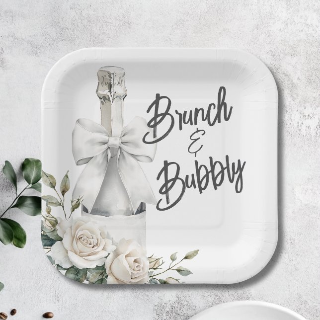 Plato De Papel Elegante brunch floral blanco y Pegatinas burbujea (Brunch and Bubbly Bridal Shower Plate)