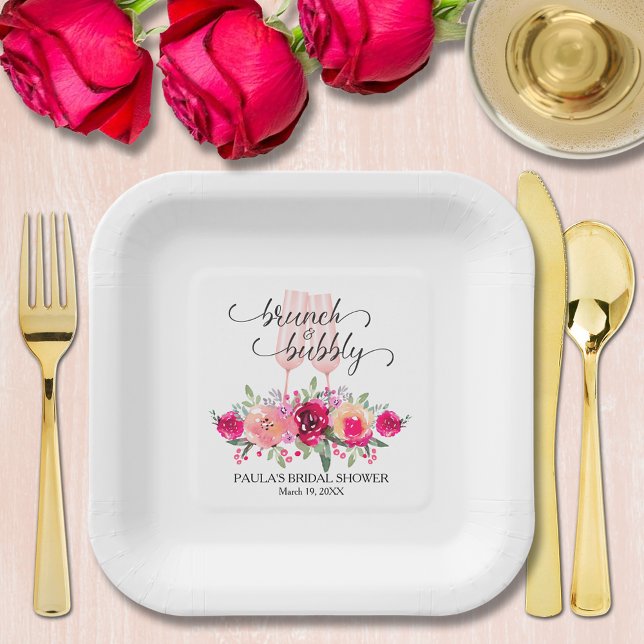Plato De Papel Elegante Brunch y ducha de novias con flores (Chic champagne glasses and floral brunch and bubbly bridal shower personalized square paper plates)