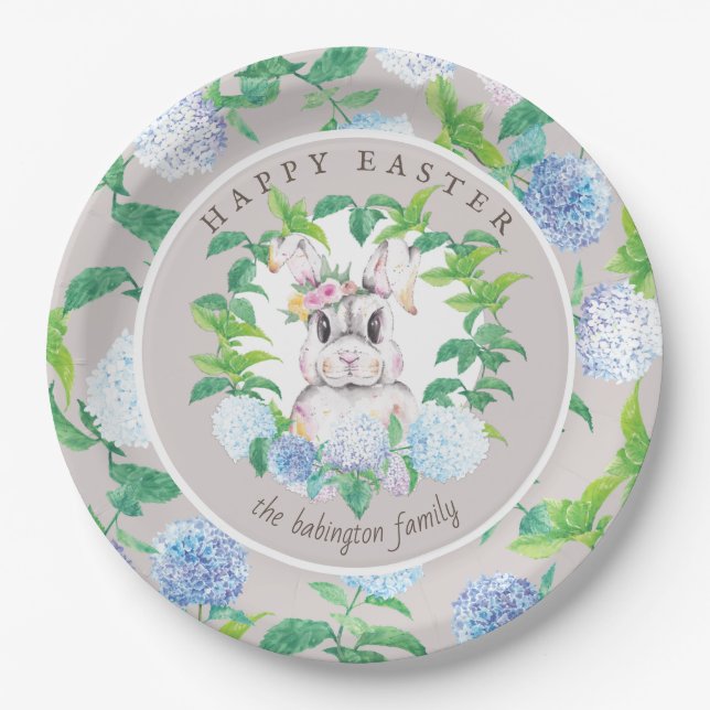 Plato De Papel Elegante Bunny Floral Wreath Easter Family Nombre (Anverso)