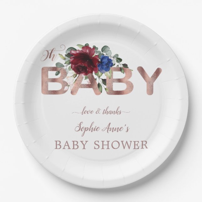Plato De Papel Elegante Burgundy Blue Floral Gold Boy Baby Shower (Anverso)