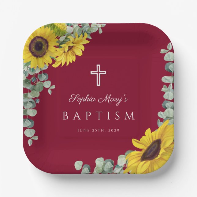 Plato De Papel Elegante Burgundy Floral Sunflowers Cross Baptism (Anverso)