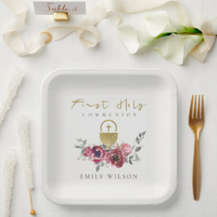 PLATO DE PAPEL ELEGANTE BURGUNDY GOLD FLORAL PRIMERA COMUNICACIÓN