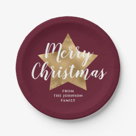 Plato De Papel Elegante Burgundy Gold Star Feliz Navidad