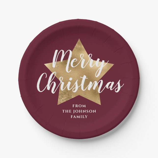 Plato De Papel Elegante Burgundy Gold Star Feliz Navidad (Anverso)