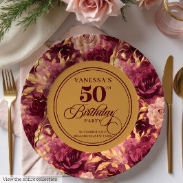 Plato De Papel Elegante Burgundy Rubor Gold Floral 50 cumpleaños