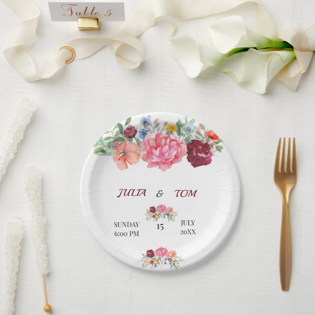Plato De Papel Elegante burgundy y floral rosado (Boda)