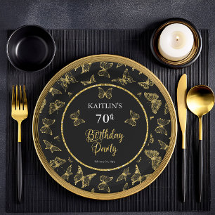 Plato De Papel Elegante Butterflies Black Gold Fiesta de cumpleañ