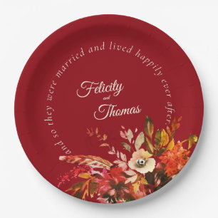 Plato De Papel Elegante caída floral roja feliz para siempre desp
