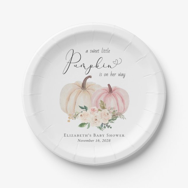 Plato De Papel Elegante Calabaza Rosa Floral Bebé Chica Ducha (Anverso)