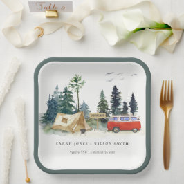 Plato De Papel Elegante Camping Watercolor Pine Forest Boda