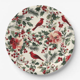 Plato De Papel Elegante Cardenal Rojo Invierno Botánico Crema
