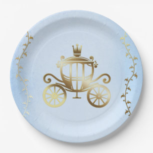 Plato De Papel Elegante Carruaje Dorado Historia Azul Real
