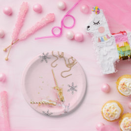Plato De Papel Elegante Celebración de Champán Rosa y Dorado