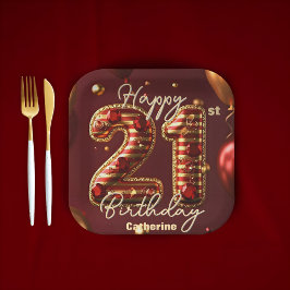 Plato De Papel Elegante celebración de cumpleaños 21 de Borgoña y