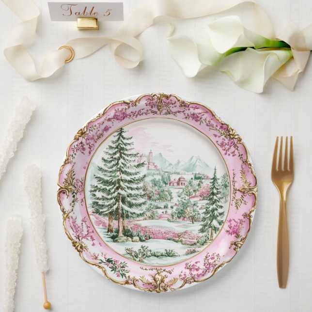Plato De Papel Elegante cena de vacaciones rococó rosa (Boda)