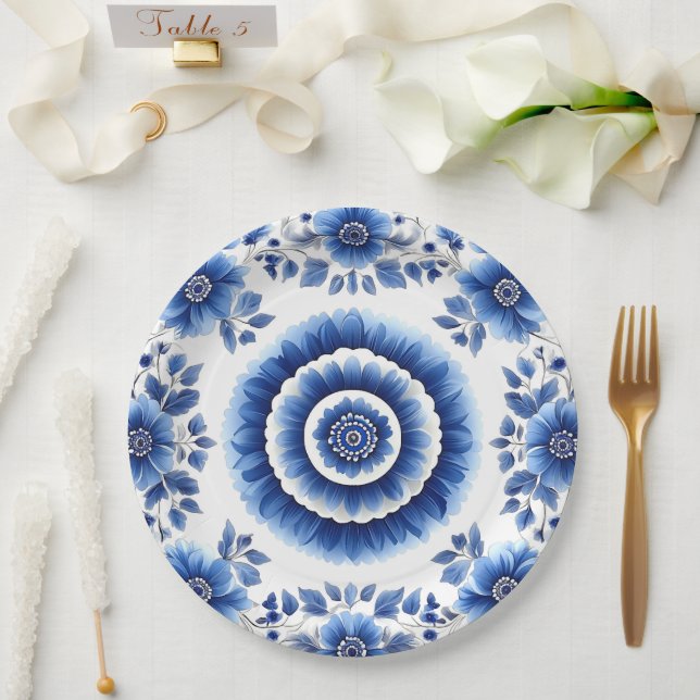 Plato De Papel Elegante cerámica floral azul inspirada en (Boda)