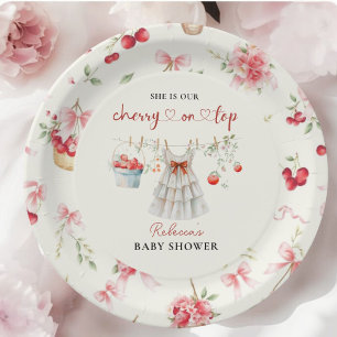 Plato De Papel Elegante cereza en Baby Shower de remolino rosado 