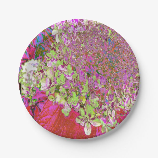 Plato De Papel Elegante Chartreuse Verde, Rosa y Azul Hydrangea (Anverso)