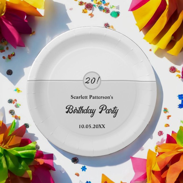 Plato De Papel Elegante Chic Negro Y Blanco Gris Cumpleaños 20 (Subido por el creador)