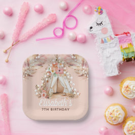 Plato De Papel Elegante Chica bohemio cumpleaños personalizado