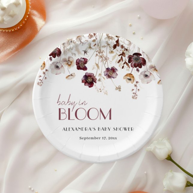 Plato De Papel Elegante Chica Burgundy Wildflowers Baby Shower (Subido por el creador)