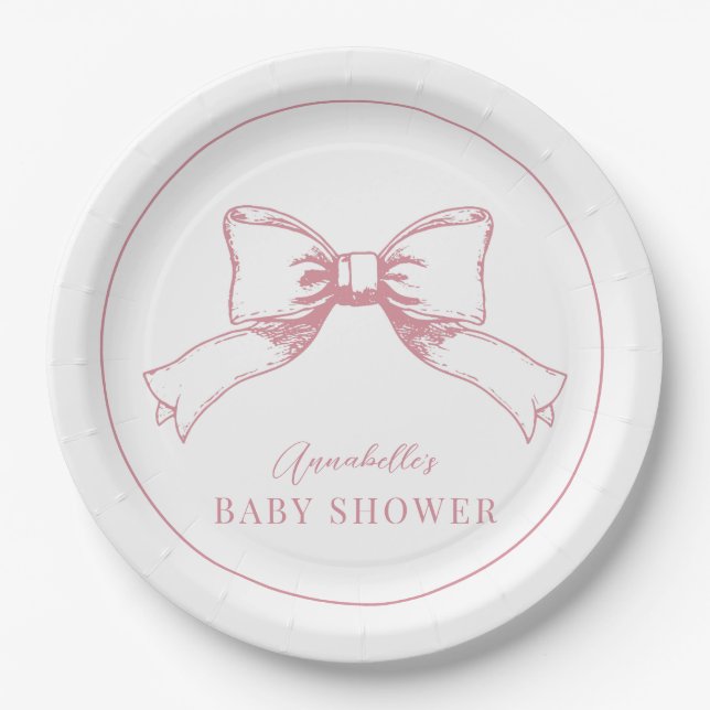 Plato De Papel Elegante Chica de Bow Rosa Baby Shower (Anverso)
