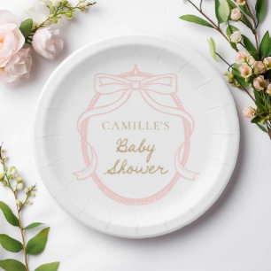 Plato De Papel Elegante Chica de Bow Rosa Baby Shower