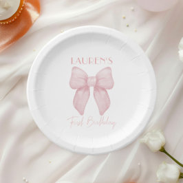 Plato De Papel Elegante Chica de Bow Rosado Primer Cumpleaños