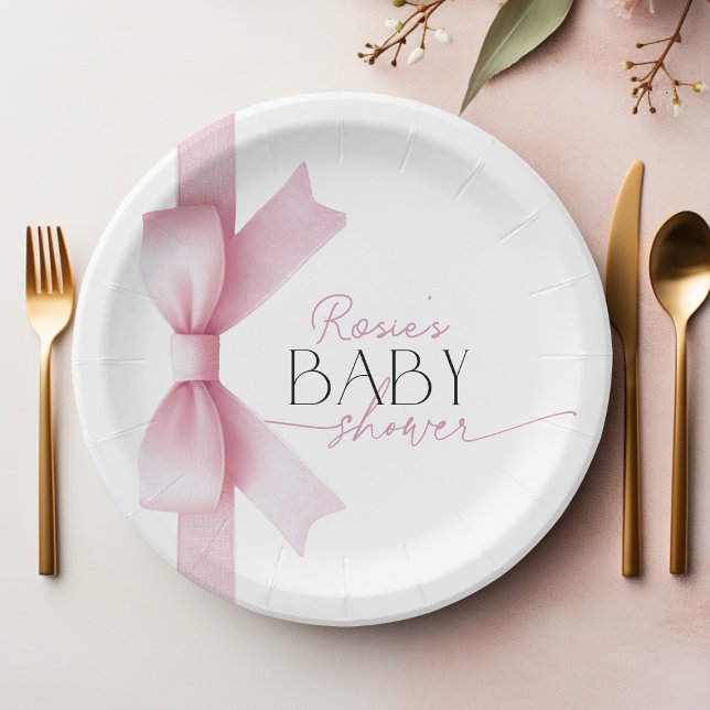 Plato De Papel Elegante Chica de Coquette Bow Rosado Baby Shower (Elegant Pink Bow Coquette Girl Baby Shower Paper Plates)
