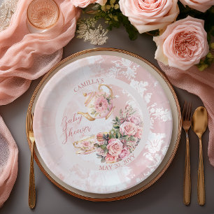 Plato De Papel Elegante Chica de té con flores rosadas alta Baby