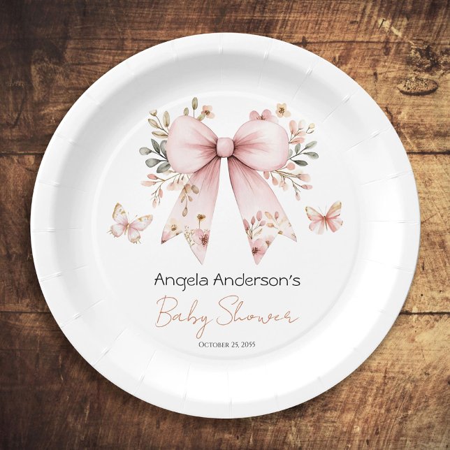 Plato De Papel Elegante Chica Floral Rosa Bow Baby Shower (Subido por el creador)