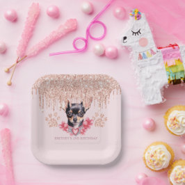 Plato De Papel Elegante Chihuahua con fiesta de cumpleaños Purpur