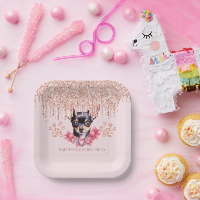 Plato De Papel Elegante Chihuahua con fiesta de cumpleaños Purpur (Fiesta)