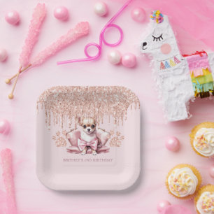 Plato De Papel Elegante Chihuahua con fiesta de cumpleaños Purpur