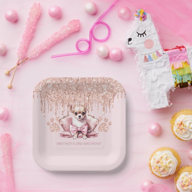 Plato De Papel Elegante Chihuahua con fiesta de cumpleaños Purpur (Fiesta)