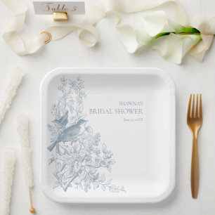 Plato De Papel Elegante Chinoisería Azul Pajarera Lluvia de Novia