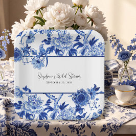 Plato De Papel Elegante Chinoisería Floral Azul y Blanco Nupcial