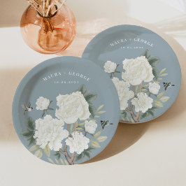 Plato De Papel Elegante Chinoiserie Dusty Blue Floral Bird Boda